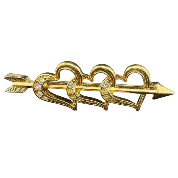 Gold Tone Avon Triple Heart Arrow Brooch With Rhinestone Accents Vintage Jewelry - Picture 1 of 6